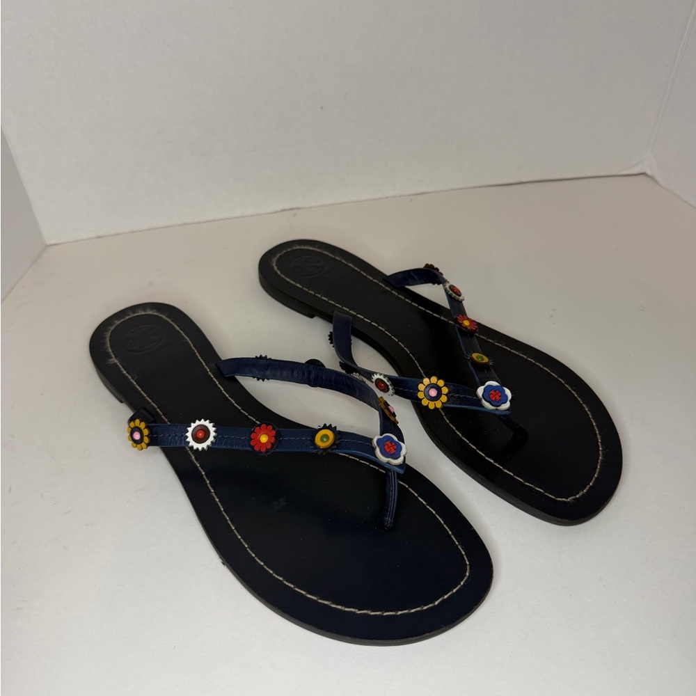 Tory Burch Navy Floral Accent Thong Sandals
